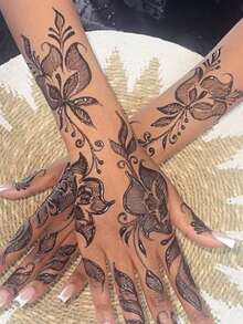 1pc Waterproof & Sweat-Resistant Washable Henna Hand Tattoo Sticker, Suitable For Weddings, Festivals, Parties, Exotic Style - Khaki - View 4