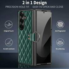 ALuoQ Fashion Plaid Leather Ring Grip Phone Case With Tempered Glass Lens Protector, Compatible With Samsung Galaxy Z Fold 2/3/4/5/6/7, Shockproof Protective Cover - Green - View 9