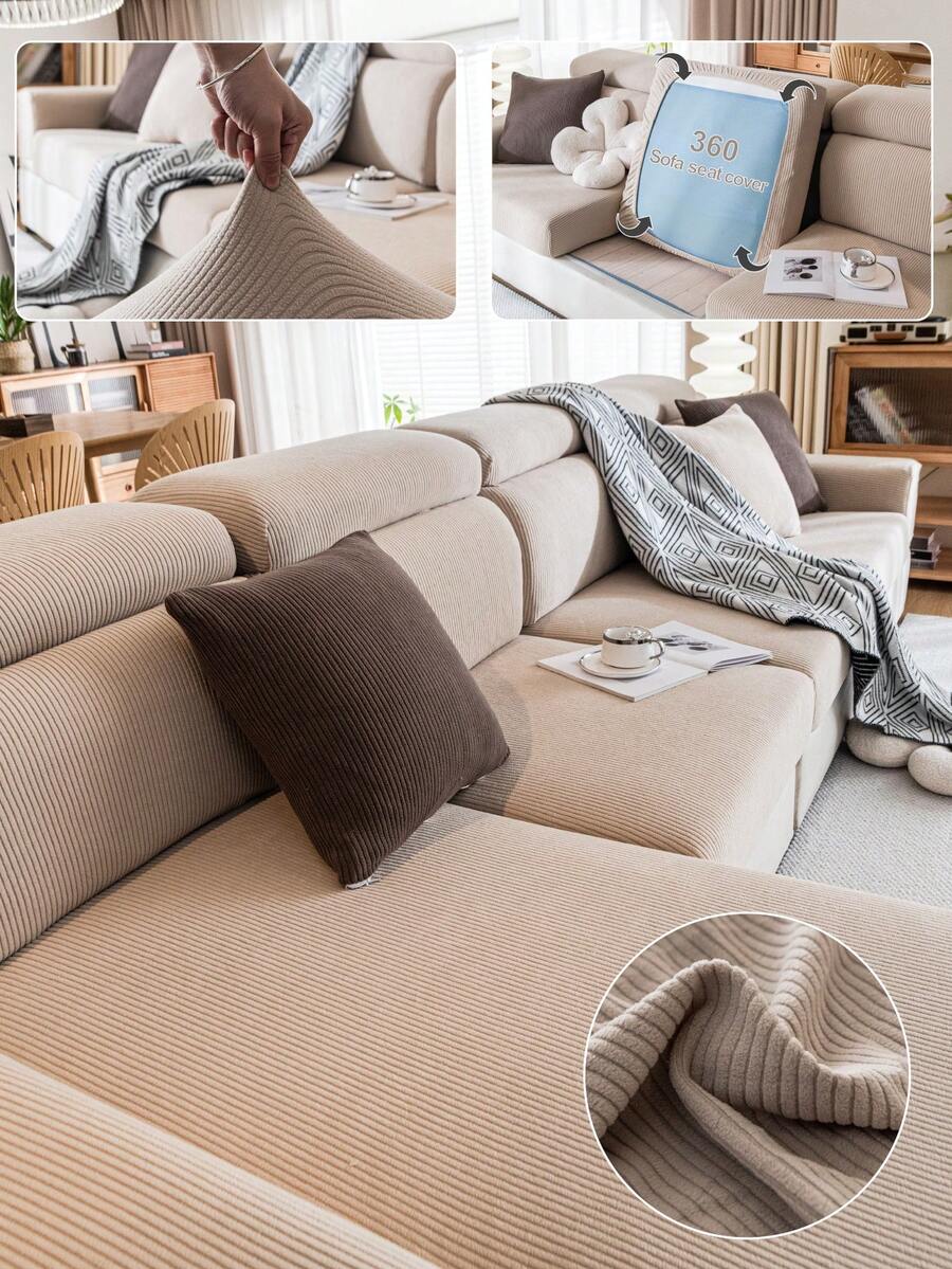 1pc Straight Line Sofa Cover, Universal Fit Minimalist All-Season Anti-Slip Anti-Scratch Sofa Slipcover, Elastic Sofa Cap For 1/2/3/4 Seater Living Room Sofa - Khaki - View 1