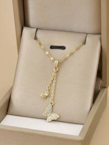 1件套华丽水钻镂空蝴蝶不锈钢项链，金色首饰，女士首饰，镀金防锈项链，开斋节礼物，夏季，度假，海滩，送给朋友、爱人的礼物 - 金黃色 - 查看 13