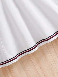 Girls Letter Embroidery Striped Trim Polo Neck Pleated Hem Dress - White - View 5