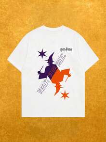 Whysmera SHEIN X Harry Potter Casual Short Sleeve T-Shirt, Cute Cartoon Characters & Hippogriff Print, Breathable, Retro Comic Style,  Daily Wear, Summer - White - View 2