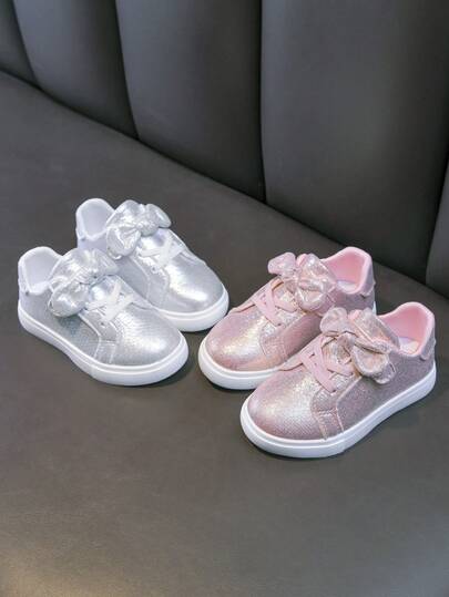 A Pair Of Unisex Spring And Autumn Children's Sequin Shoes, Bow Tie Girls' Sequin Casual Shoes, Solid Color Korean Version Baby Shoes, Children's Soft Soled Shoes Suitable For All Seasons