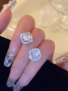 1 Pair Square Zirconia Crystal Stud Earrings, Minimalist Fashionable Elegant Earrings Suitable For Women's Daily Wear - White - View 3