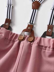 BOARNSEORL Bộ quần áo lịch lãm 2 món cho bé trai, áo sơ mi cổ bẻ in họa tiết kèm nơ và quần yếm, thời trang, thích hợp cho tiệc sinh nhật, sinh nhật lần thứ nhất, đám cưới, ngày Valentine. - Hồng - Xem 7