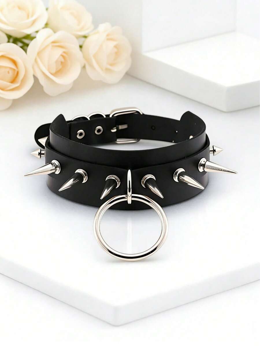 BMOR New Exaggerated Harajuku Style O-Ring Choker Necklace, Rivet Spiked Punk Collar Necklace For Nightclub, Bar, Street Photography - Black - View 1