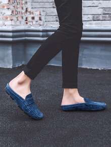 Men's Slip-On Loafers, Lightweight Breathable Shock-Absorbing Round Toe Backless Flat Mules, Retro Casual Summer Walking Shoes, Blue Suede Faux Leather Loafers Slippers, Big Size 12 13 14 15 - Blue Hollowed-out - View 2
