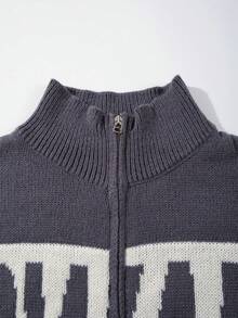 Men's New Casual Loose Solid Color Ribbed English Letter Korean Style Commuting Versatile Zip-Up Half-Turtleneck Long Sleeve Knit Cardigan Sweater, Autumn/Winter - Grey - View 6