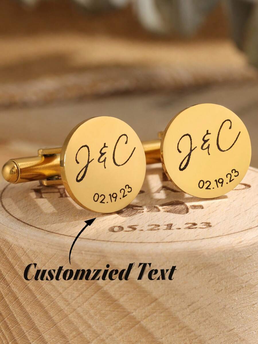 1pc Customized Metal Cufflinks - Optional Engraved Gift Box, Wedding Day Gift For Groom's/Bride's Father, Anniversary Gift For Husband - Gold - View 1