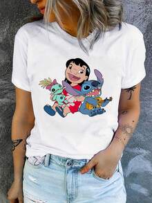 1pc Disney IP Licensed Stitch & Lilo Graphic Print Short Sleeve T-Shirt, Round Neck, Stretchy, Easy Care Material, Suitable For Daily Wear, Fashionable Women's Short Sleeve T-Shirt, Casual Wear - White - View 3