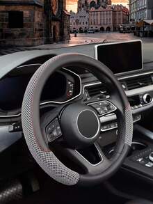 Breathable Ice Silk Steering Wheel Cover – Universal Elastic Grip For Cars, Trucks & SUVs – Soft, Non-Slip, All-Season PU & Microfiber Steering Wheel Pad With Red Stitching - A - View 1