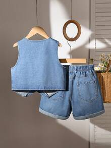 2pcs Tween Girls Fashion Sweet Loose Casual Energetic Cute Cherry Embroidery Sleeveless Top And Versatile Blue Denim Shorts Set - Medium Wash - View 2