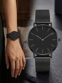 1pc Black Mesh Stainless Steel Quartz Watch, Unisex Fashion Business Style, Minimalist Dial Design Suitable For Daily Commute And Business Occasions, Ideal Gift For Birthday, Christmas, Anniversary, Back To School, Holidays For Friends And Couples - Black - View 6