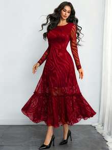 Sexy Elegant Vintage Fashion Lace Abstract Pattern Jacquard Double-Layer Lining Flared Dress, Work Commute Or Holiday Party Vacation Spring - Burgundy - View 6