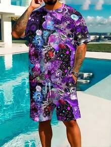 Two-Piece, Distinctive And Intricate, Knitted Fabric, Complex Pattern, Men's Theme Parties, Summer Terrace Soirees, Purple-Black Music Element All-Over Print, Men's Short-Sleeve Beach Pants Set - Multicolor - View 2