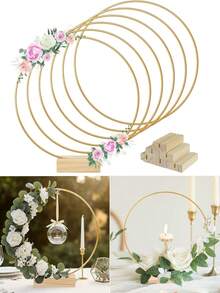金色金属花环中心装饰品，配有木质底座，婚礼装饰，非常适合圆形装饰，适用于婚礼、派对和生日派对，婚礼餐桌装饰，墙面悬挂花环工艺品，复古花环 - 金色 - 查看 2