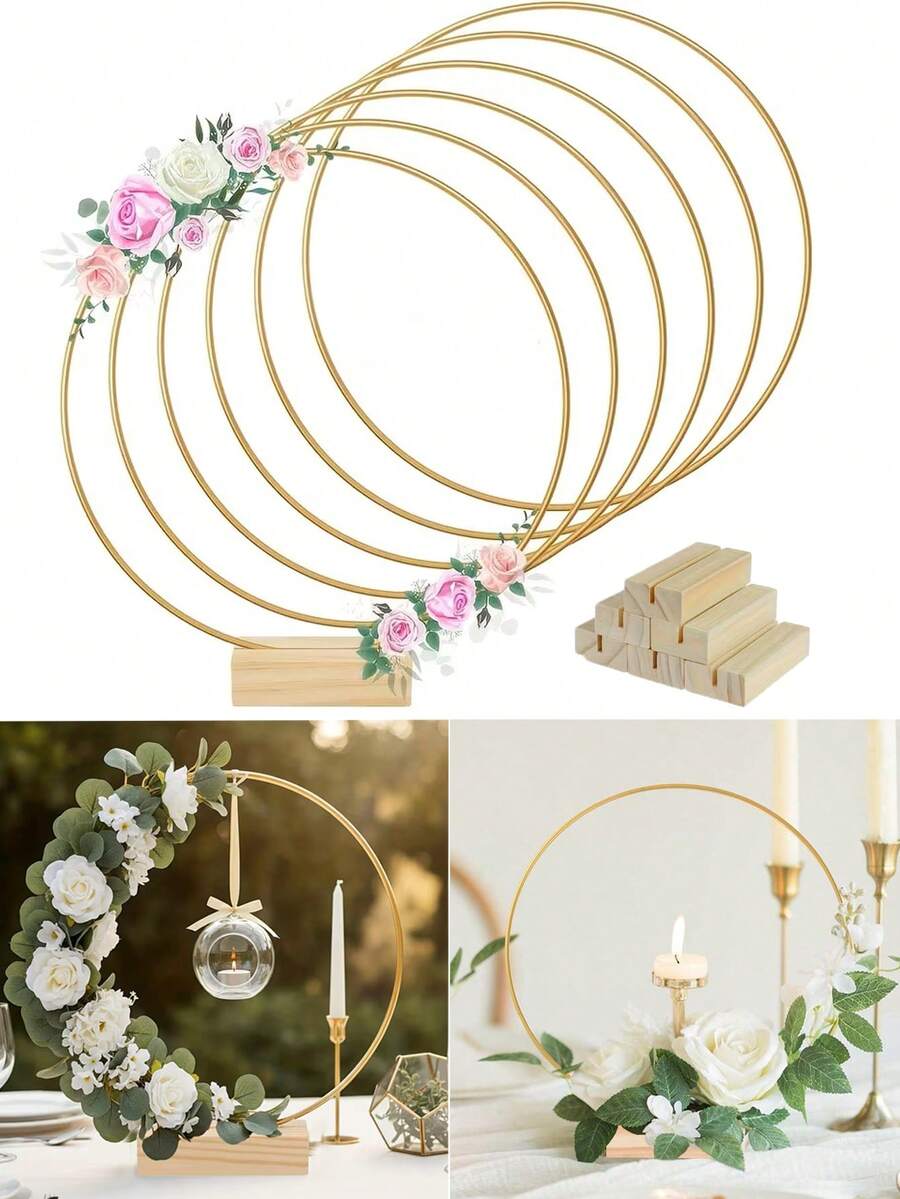 金色金属花环中心装饰品，配有木质底座，婚礼装饰，非常适合圆形装饰，适用于婚礼、派对和生日派对，婚礼餐桌装饰，墙面悬挂花环工艺品，复古花环