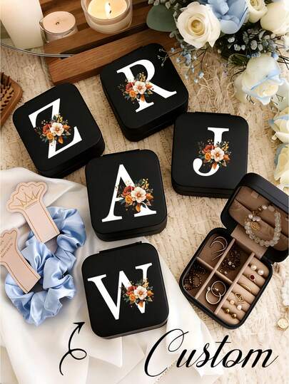 1pc Fashion A-Z Letter Print Mini Jewelry Storage Box, With Zipper Closure, Portable Travel Jewelry Organizer Box, Can Hold Rings, Earrings, Necklaces, Multi-Layer Desktop Jewelry Box