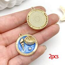 2/7 piezas Colgante redondo con estilo de playa, chapado en oro, con diseño de estrella de mar, concha y estilo retro francés en color azul océano para hacer collares, aretes y accesorios de llavero - Azul - Ver 8