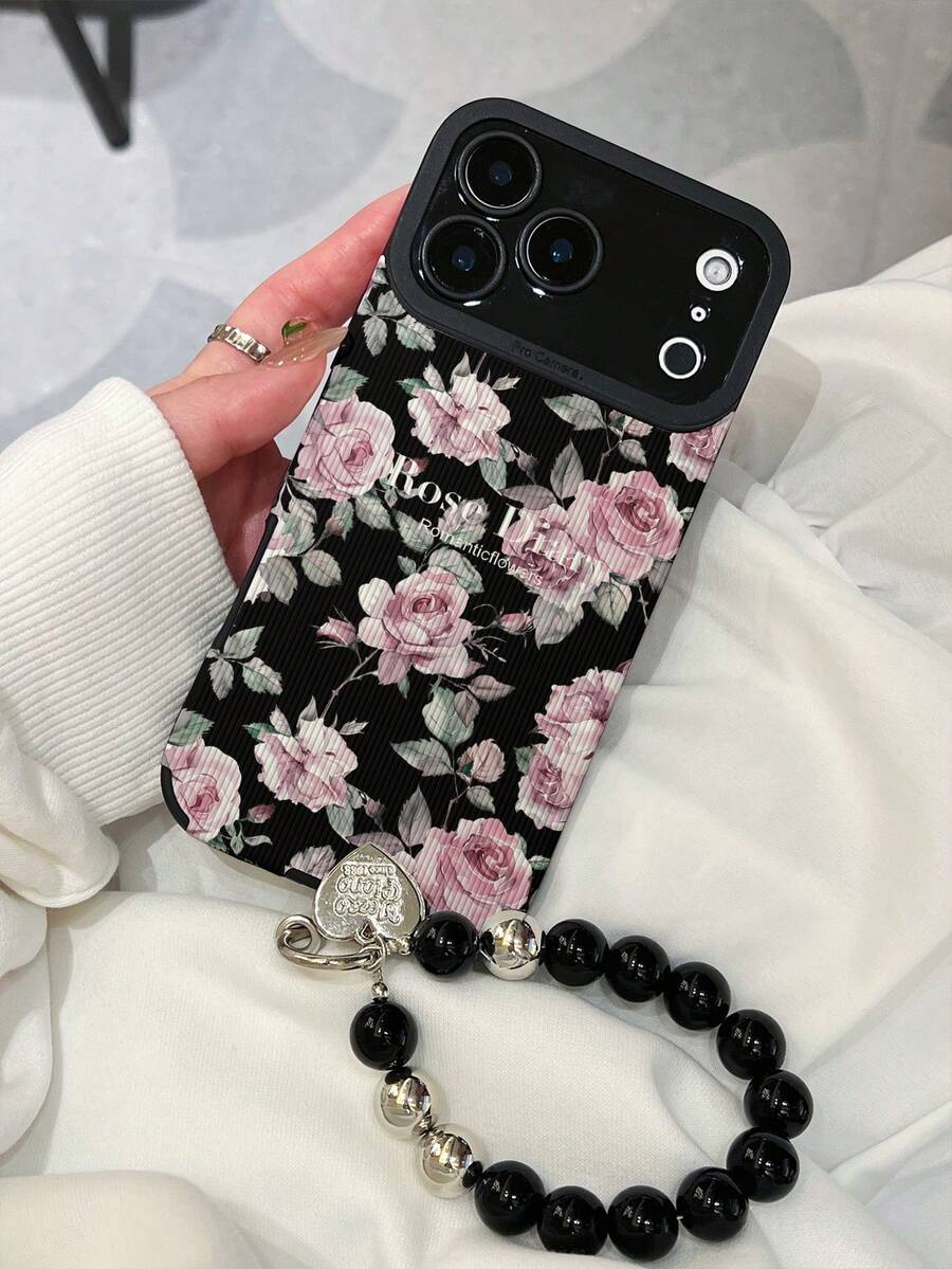 Pink Rose Flower Leather Phone Case, Handmade Beaded Heart Wrist Strap Included, Suitable For IPhone XR, 11, 12, 13, 14, 15, 16, 17, 17 Pro, 17 Pro Max - Multicolor - View 1