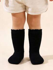 1 Pair Coral Fleece Socks, Warm Socks, Floor Socks, Baby Socks, Frill Trim Socks, Comfortable - Black - View 9