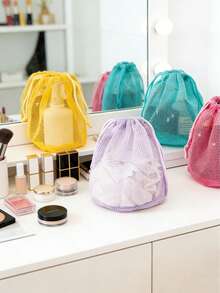 1pc Lightweight Breathable Drawstring Cosmetic Bag, Large Capacity Makeup Organizer Box, Portable Cotton Soft Towel Toiletry Travel Pouch, Multi-Functional Drainage Breathable Drawstring Bag - Multicolor - View 1