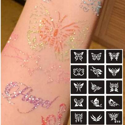 2个/1个镂空蝴蝶模板，可重复使用，多种图案纹身设计，非常适合DIY闪亮临时纹身，珠光蝴蝶模板