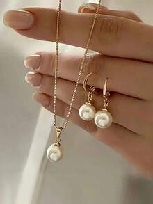 1pc Necklace & 1 Pair Earrings Set, Minimalist Pearl Pendant Necklace And Stud Earrings, Suitable For Evening Gown, Wedding - Multicolor - View 1