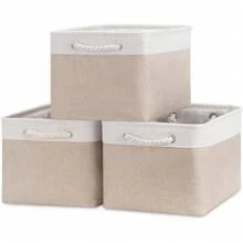 1pc Large Foldable Canvas Storage Basket With Handle, 15 X 11 X 9.5 Inches, Collapsible Organizer For Bedroom Closet Kitchen Laundry Room Decor, Versatile Home Organization Solution Fabric Container For Clutter Control - White & Beige - View 1