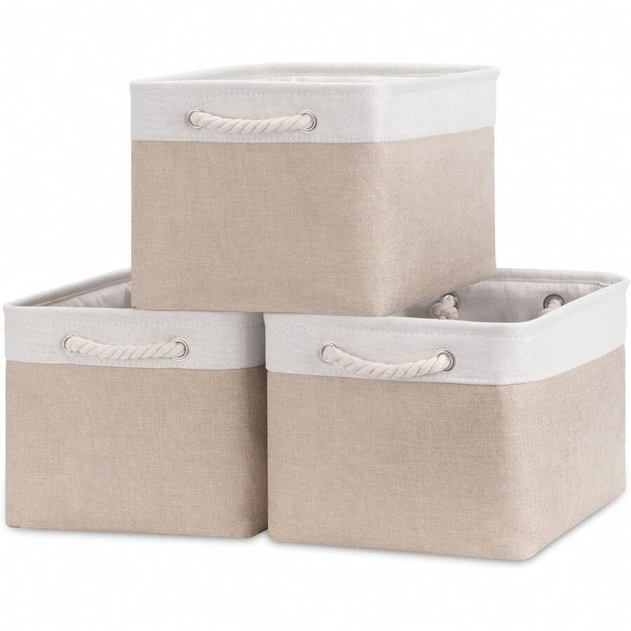 1pc Large Foldable Canvas Storage Basket With Handle, 15 X 11 X 9.5 Inches, Collapsible Organizer For Bedroom Closet Kitchen Laundry Room Decor, Versatile Home Organization Solution Fabric Container For Clutter Control - White & Beige - View 1