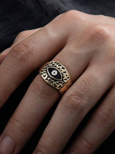 1pc Vintage Distressed Copper-Tone Eye Hammered Pattern Men's Ring, Rugged Wide Street Style Accessory