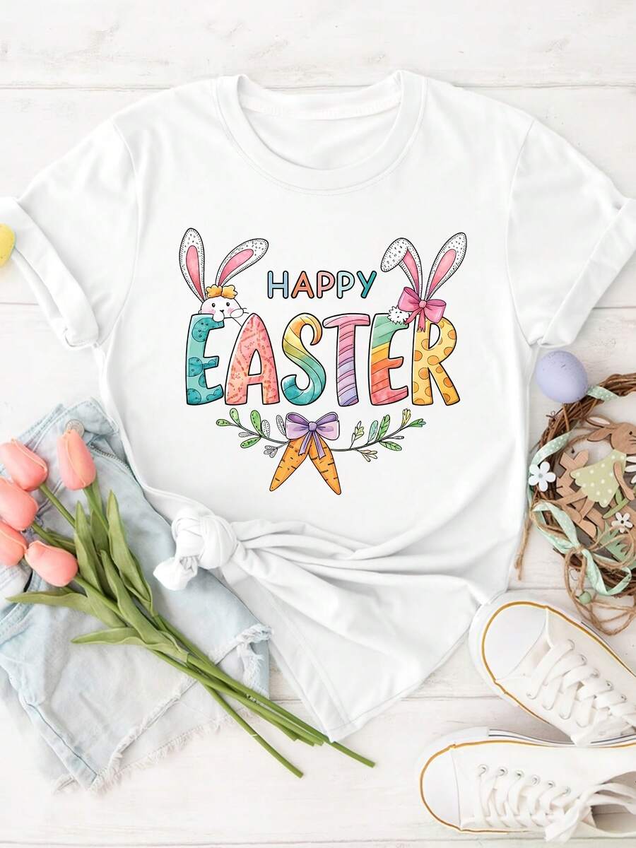 Camiseta De Manga Corta Para Mujer, Estampado Elegante Con Patrón De Orejas De Conejo En Color Contrastante Con Pajarita De Lunares, Cuello Redondo, Ideal Para Primavera/verano/otoño, Regalo De Pascua, Moderna, Perfecta Para Fotos, Para Ir Al Trabajo, Vacaciones, Uso Diario, Estilo Retro Versátil - [Blanco] - Ver 1