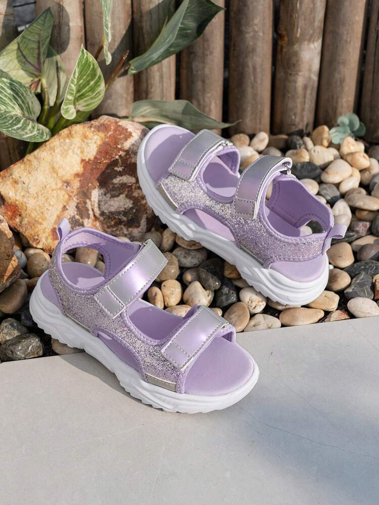 1 Pair Girls' Purple Glitter Hook And Loop Strap Casual Sports Sandals - Purple - View 2