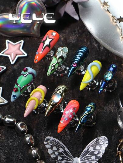 10片装美甲贴片，尖头中号，白色、橙色、黄色、裸色、绿色、渐变绿、金属蓝、金色，北欧3D立体装饰元素，心形、星星、彩色美甲宝石，北欧全覆盖亚克力手工美甲贴片套装，Y2K美甲用品，适合女孩和女士，包含1个迷你指甲锉和1张粘合贴片，美甲适合日常、派对、休闲、度假、工作、节日佩戴，春夏必备，最佳礼物