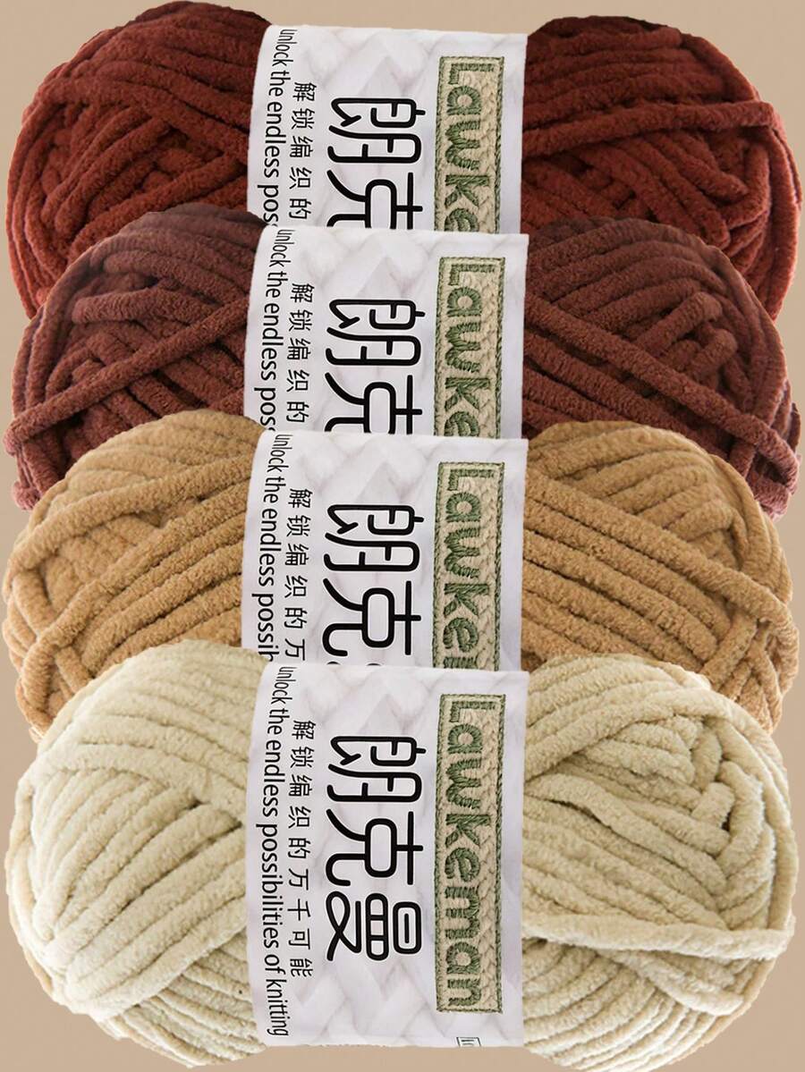 Lawkeman 4卷/200克 中等绒毛雪尼尔纱线,适用于钩编,柔软蓬松,多种颜色可选,适合DIY帽子、工艺品、围巾、毯子、毛衣等,每卷约50克 - 多款式 - 查看 1