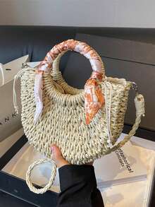 1 pieza Bolso de tote casual con forma de media luna de paja de moda, bolso de hombro versátil con estilo de campo francés - Beis - Ver 8