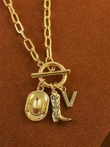 1pc Retro Classic Letter Western Cowboy Hat Pendant, With Gold Stainless Steel Paperclip Chain, Women Necklace - Yellow Gold - View 32