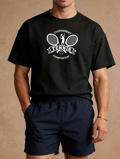 男士休闲网球印花短袖T恤，适合日常穿着、运动、度假，男女皆宜