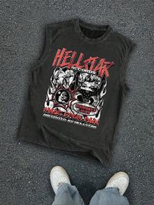 Men's Printed Vintage Washed Vest, Loose Fit, Casual Street Style, An Essential Everyday Item. - màu đen - Xem 1