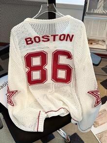 2026 New Retro 86 Number Print Knit Cover Up For Women, Red & White Contrast Star Pattern V-Neck Loose Sunscreen Top - Off White - View 3