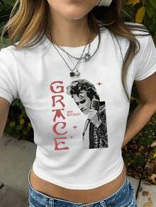 [Y2K Crop Top] White Women's Y2K Crop Top T-Shirt|   Jeff Buckley Graphic Print & Bold Red GRACE Lettering|   Medium Stretch Machine Washable Spring Summer Fall Fashion - White - View 8