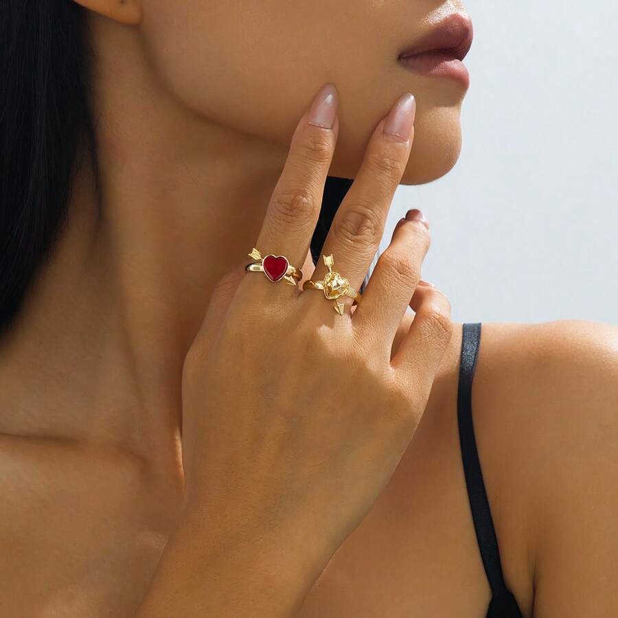 一套心形情侣戒指，优雅可爱，情人节订婚戒指礼物 - 金色 - 查看 1