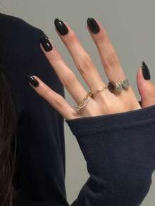 30pcs Almond Shaped Glossy Black Nail Stickers To Elevate Your Fashion Style! Medium Size Design For Perfect Fit, Acrylic Material, Includes 1pc Jelly Gel And 1pc Nail File. These Black Nail Stickers Are Suitable For Women And Girls To DIY For Daily, Work, Study And Party Use. - Black - View 8
