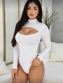 Women's High-Neck, Long-Sleeved, Open-Front Bodysuit In Bouble Fabric. - 白色 - 查看 2