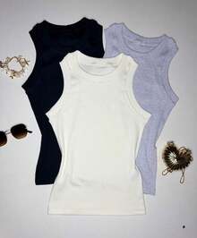 Set Of 3 Women's Long Tank Tops, Summer Fashion, Ribbed Cotton, Round Neck, Sleeveless, Regular Length And High Elasticity. - Màu Xám nhạt - Xem 3