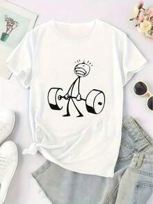 Funny Stick Figure Deadlift Graphic Cotton Tee Women Gym Workout Crew Neck Short Sleeve Loose Fit Black Humorous Fitness Casual Daily Top - 白色 - 查看 3