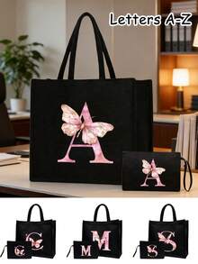 女士大容量手提包，印有粉色蝴蝶和字母A-Z，可折叠耐用，可作购物袋、便携手提包、旅行化妆包、零钱包，适合度假、聚会、购物、工作、通勤等场合，是生日、返校、婚礼、母亲节、复活节的理想礼物，也是春夏必备单品。 - 彩色 - 查看 4