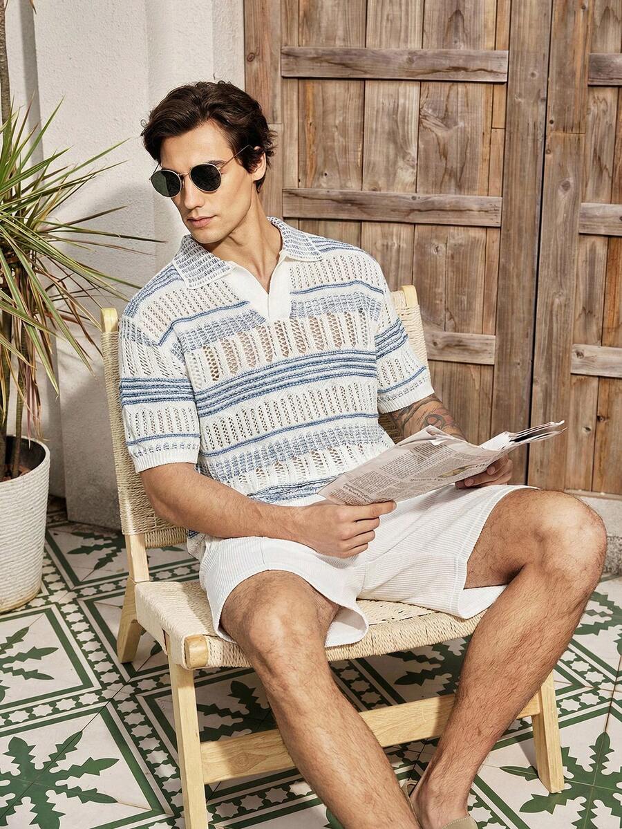 Mercer Haus Men's Hollow Out Semi-Sheer Striped Knit Short Sleeve Polo Shirt, Comfortable Breathable Lightweight Knit Top For Casual Wear, Suitable For Vacation And Valentine's Day