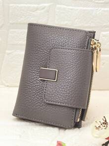 New Women's Snap Closure Short Wallet, Delicate Soft PU Dual-Layer Zipper Coin Purse Card Holder, Minimalist Fashionable Lightweight - Grey - View 2