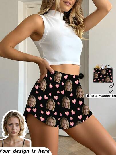 Women's Shorts With Personalized Photo/Portrait Prints, Lightweight Breathable Comfortable Fabric, Suitable As Gift For Friends, Partners, Parties, Mother's Day, Christmas - Comes With A Customized Makeup Bag
